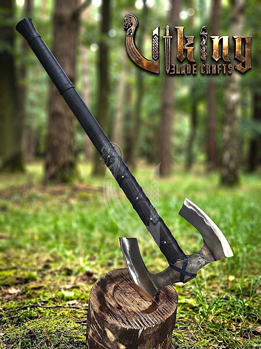 36" Double Bit Viking Axe - Hand Forged Carbon Steel & Leather Cover