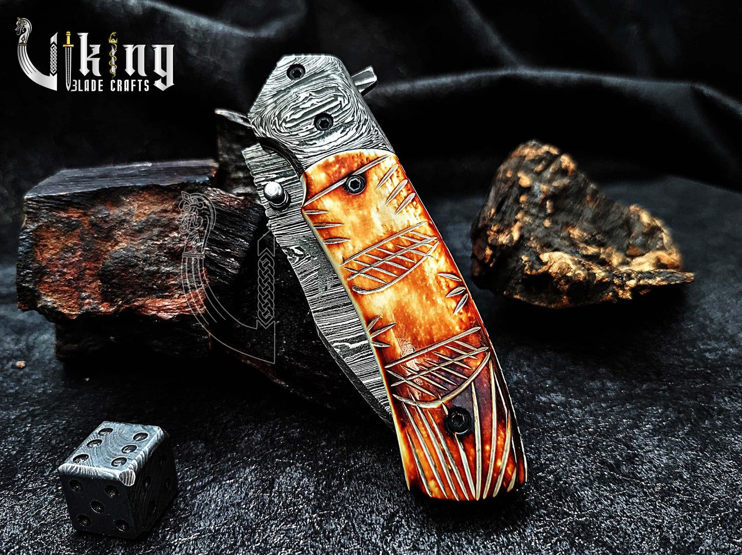 Forged Damascus Steel Folding Knife with Fire Camel Bone Handle