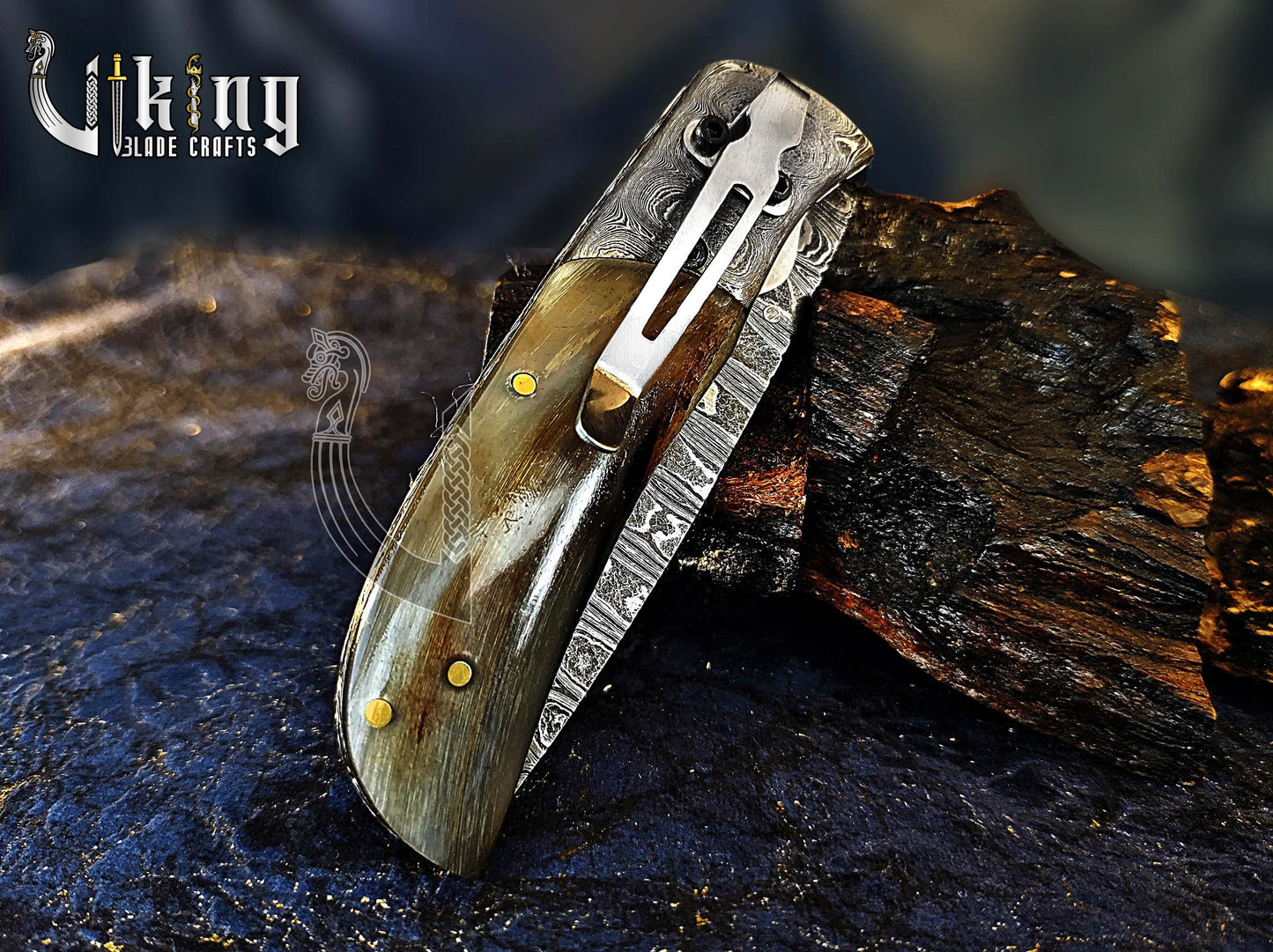 Forged Damascus Steel Folding Pocket Knife with Secure Leather Cover