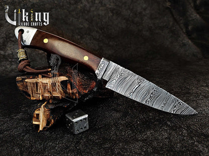 Damascus Fixed Blade Knife with Rosewood Handle & Damascus Guard & Bolster