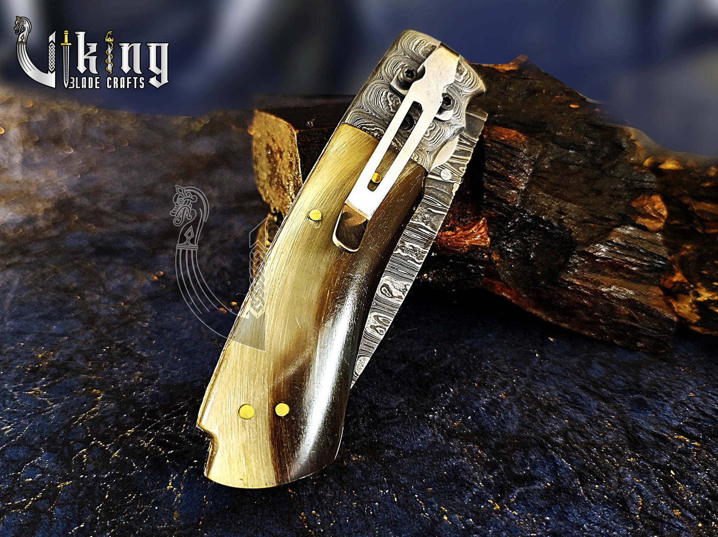 Handmade 3.5" Folding Knife with Ram Horn, Ladder Pattern & Pocket Clip