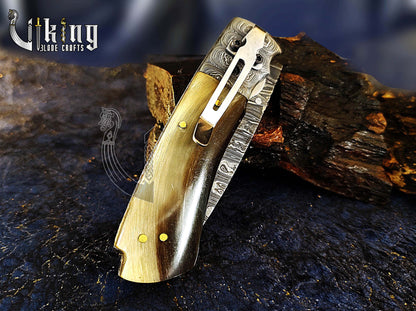 Handmade 3.5" Folding Knife with Ram Horn, Ladder Pattern & Pocket Clip