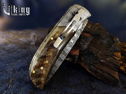 Forged Damascus Steel Folding Pocket Knife with Ram Horn Handle & Clip