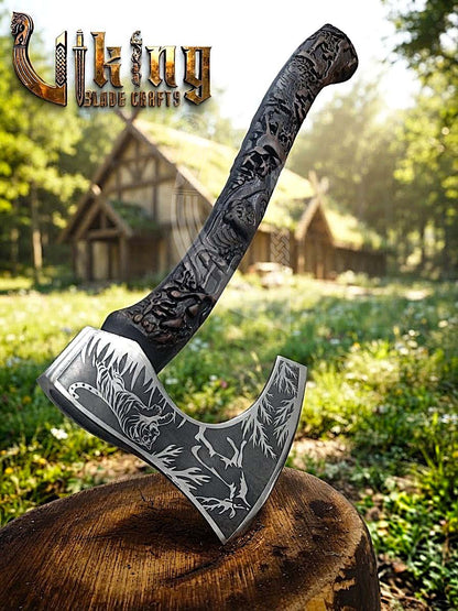 Wildlife Viking Axe | Hand Carved Handle | Forged Steel