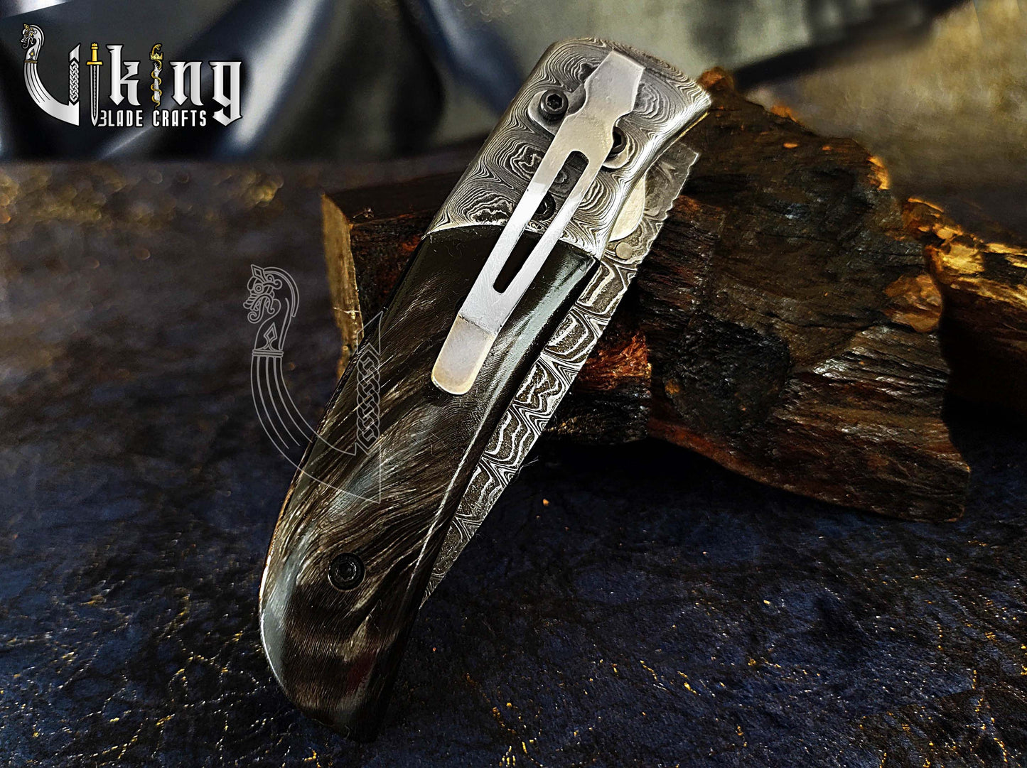 Hand-Forged Damascus Pocket Folding Knife w/ Buffalo Horn Handle & Clip