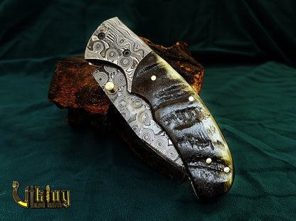 Custom Hand-Forged Handmade Damascus Folding Knife | Raindrop Pattern | Ram Horn Handle