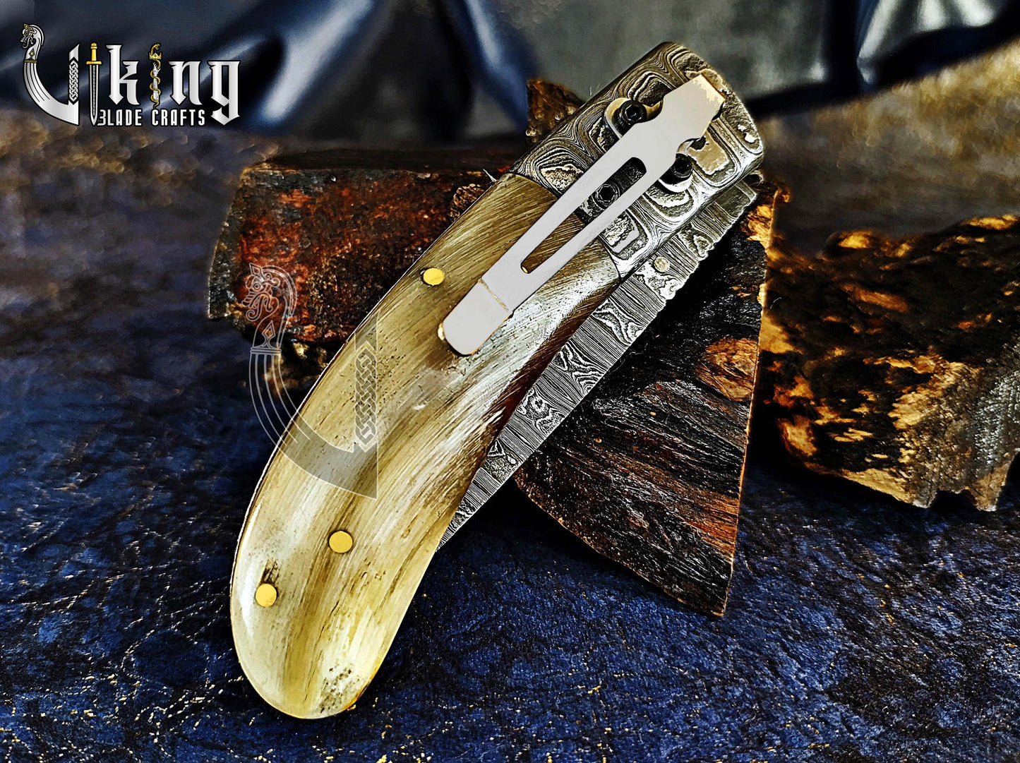 Handmade Folding Knife with Ram Horn, Ladder Pattern & Clip