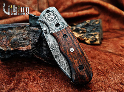 Hand-Forged Damascus Steel Folding Knife with Rosewood Handle