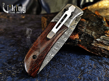 Handmade Damascus Steel Folding Knife with Rosewood Handle & Sheath