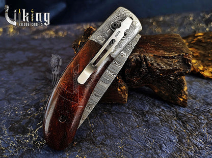 Handmade Damascus Steel EDC Folding Pocket Knife with Easy Lock