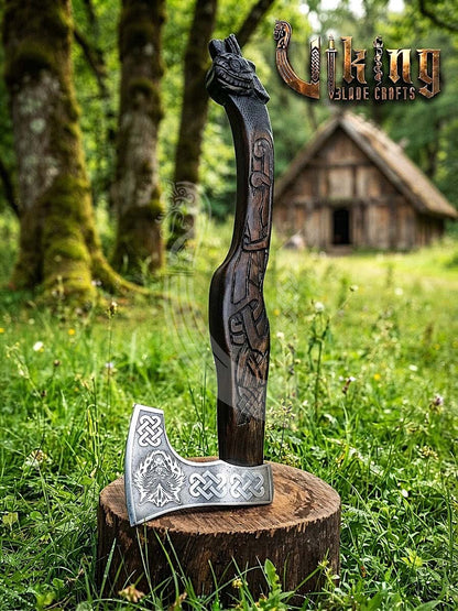 Hand Carved Viking Axe | Wolf Head Handle | Forged Steel