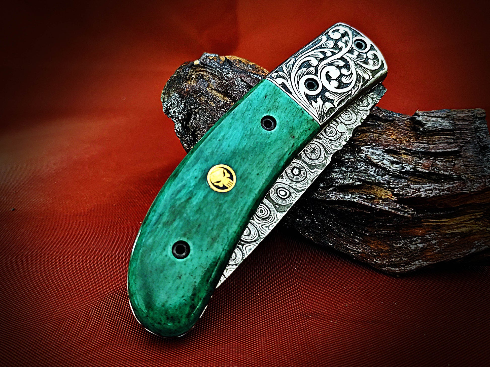 Damascus Pocket Knife with Stained Bone Handle – Ancient Hand-Carved Theme - Viking Blade Crafts