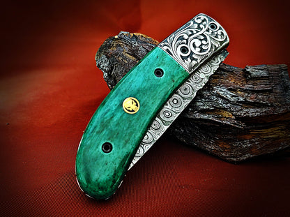 Damascus Pocket Knife with Stained Bone Handle – Ancient Hand-Carved Theme - Viking Blade Crafts