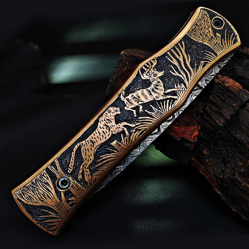 Hand-Carved Wildlife Theme Damascus Pocket Knife – Collector’s Edition - Viking Blade Crafts