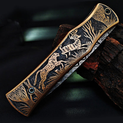 Hand-Carved Wildlife Theme Damascus Pocket Knife – Collector’s Edition - Viking Blade Crafts