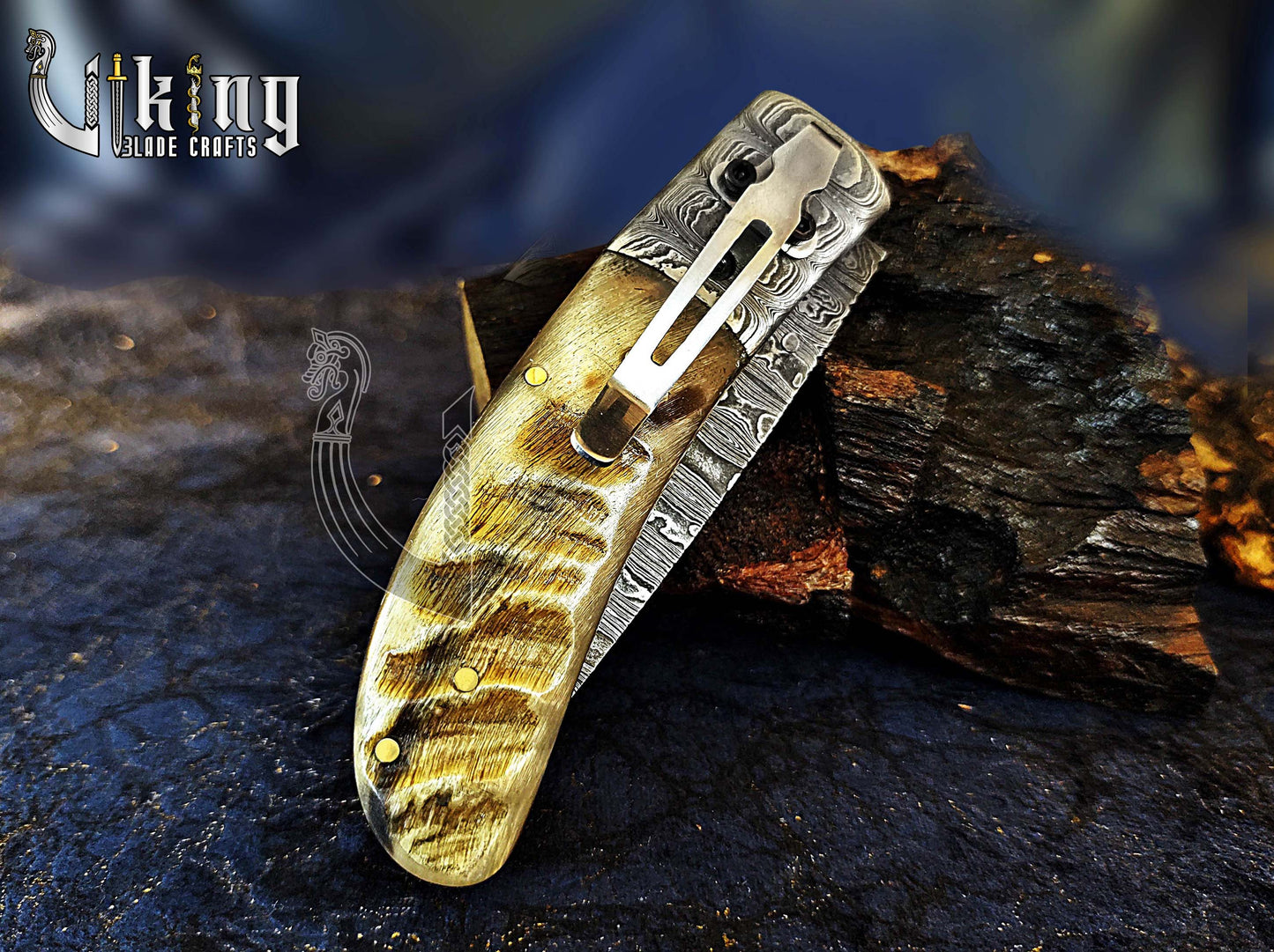 Hand-Forged Damascus Steel Blade with Ram Horn Handle & Easy Lock Folding Knife
