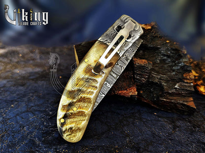 Hand-Forged Damascus Steel Blade with Ram Horn Handle & Easy Lock Folding Knife