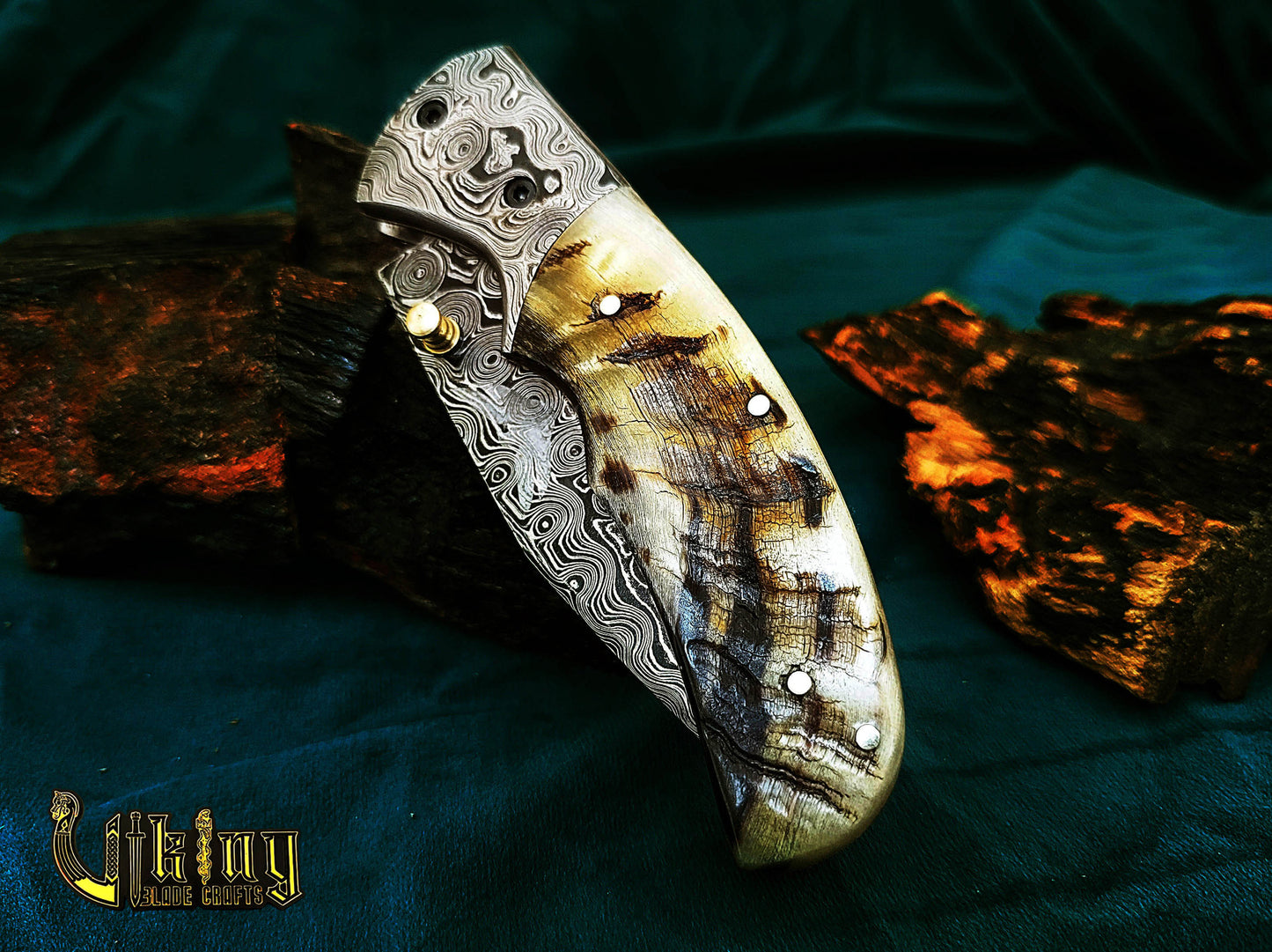 Hand-Forged Damascus Steel Folding Knife | Raindrop Pattern | Ram Horn Handle