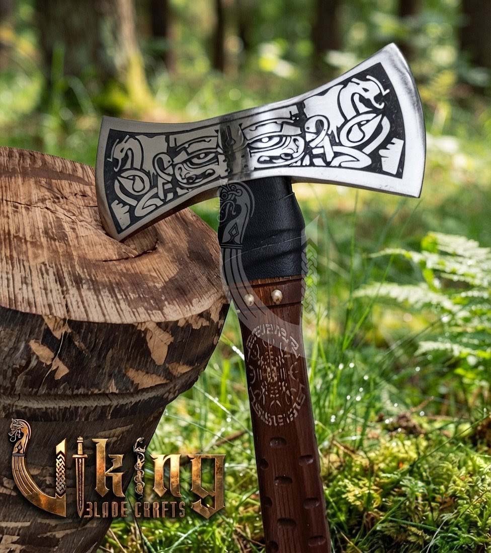 The Helm of Awe 30" Forged Viking Axe & Carved Wooden – Norse Warrior Axe