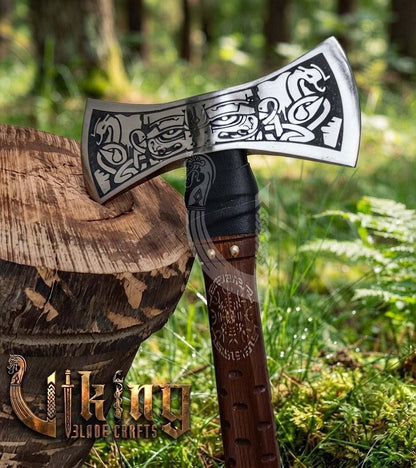 The Helm of Awe 30" Forged Viking Axe & Carved Wooden – Norse Warrior Axe