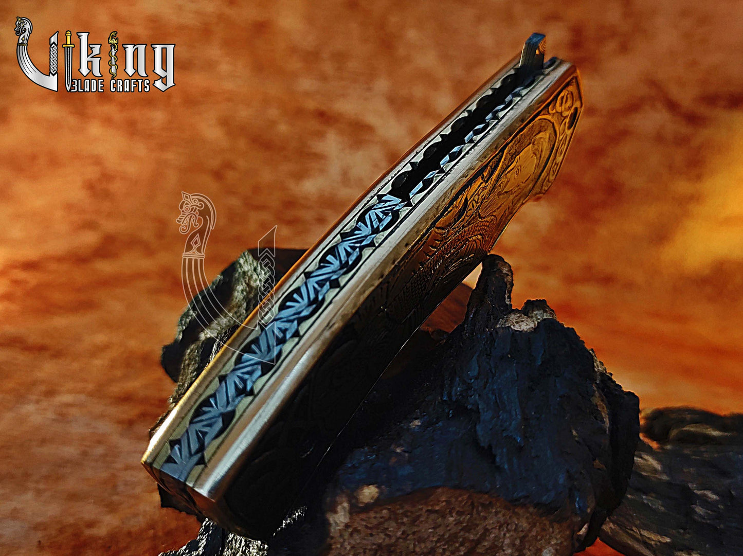 Forged Damascus Steel Folding Pocket Knife With Ragnar Lothbrok Carved Handle