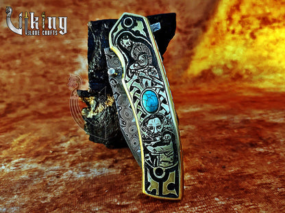 Damascus Steel Blade Folding Knife with Viking Floki-Inspired Carving Handle