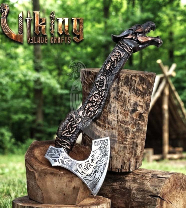 Norse Dragon Rosewood Axe 23" | Hand-Forged & Carved Viking Axe