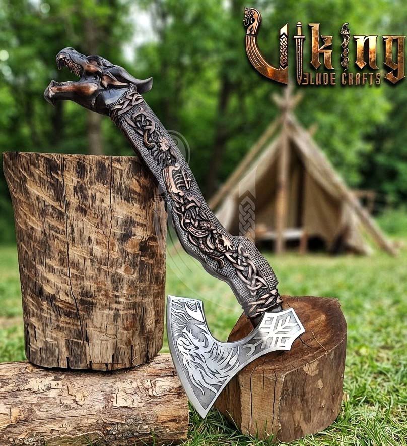 Norse Dragon Rosewood Axe 23" | Hand-Forged & Carved Viking Axe