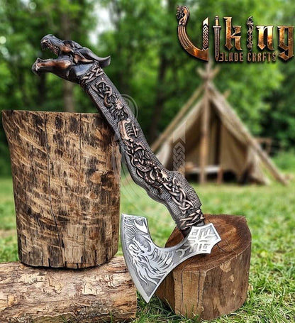 Norse Dragon Rosewood Axe 23" | Hand-Forged & Carved Viking Axe