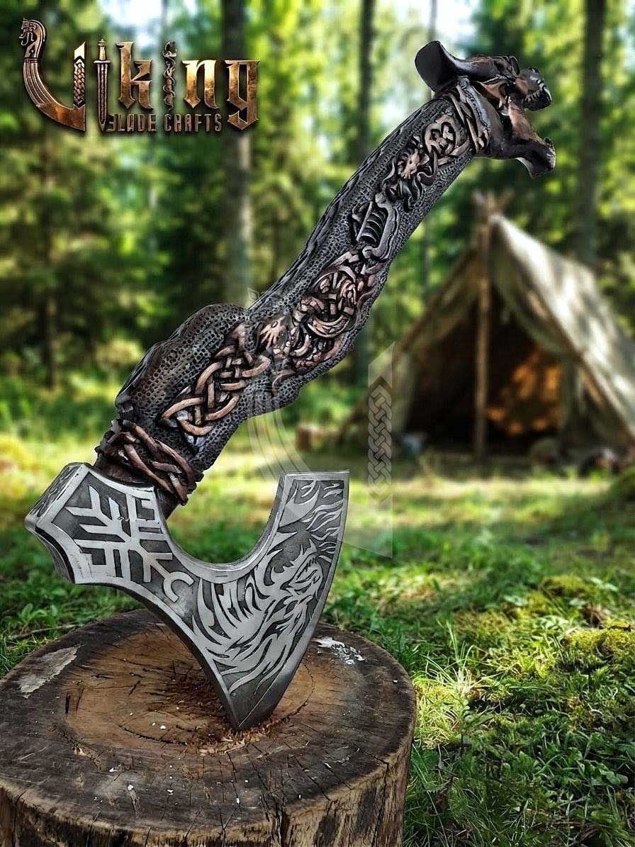 Norse Dragon Rosewood Axe 23" | Hand-Forged & Carved Viking Axe
