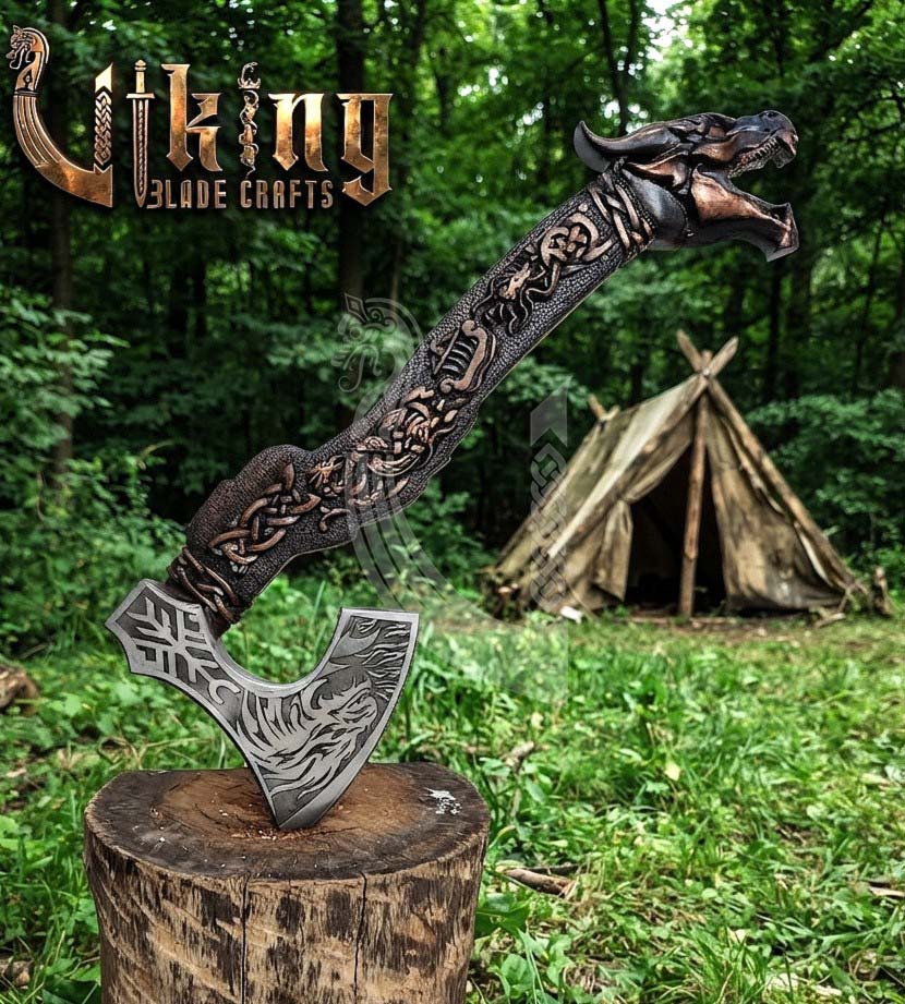 Norse Dragon Rosewood Axe 23" | Hand-Forged & Carved Viking Axe