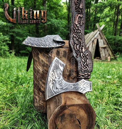 Norse Dragon Rosewood Axe 23" | Hand-Forged & Carved Viking Axe