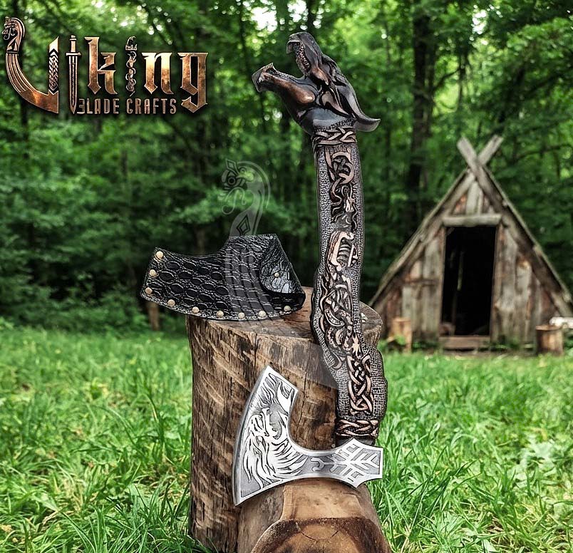 Norse Dragon Rosewood Axe 23" | Hand-Forged & Carved Viking Axe