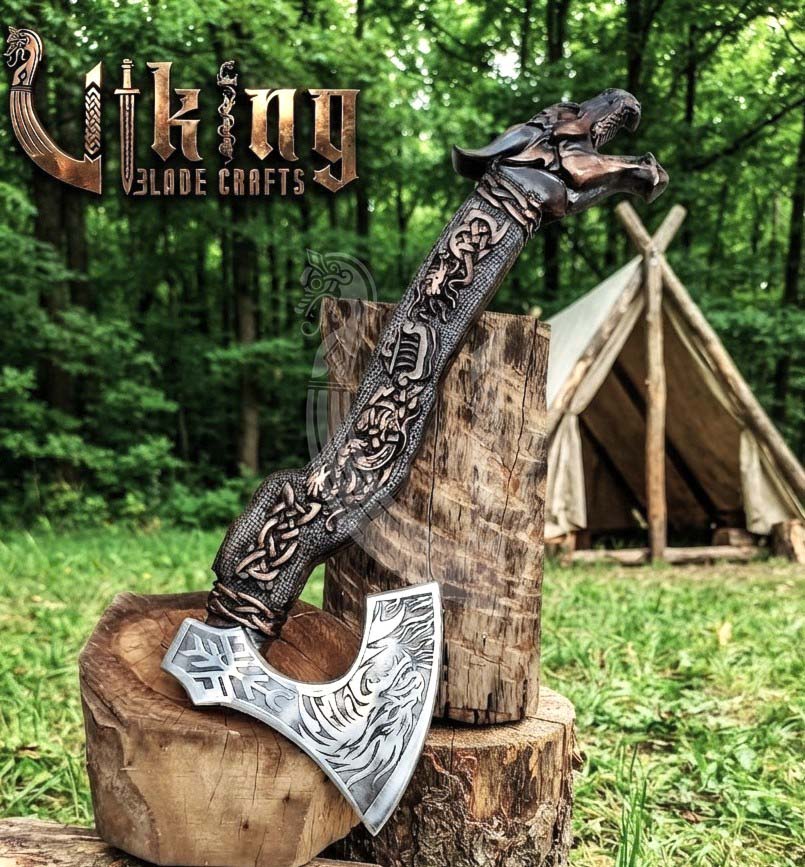 Norse Dragon Rosewood Axe 23" | Hand-Forged & Carved Viking Axe