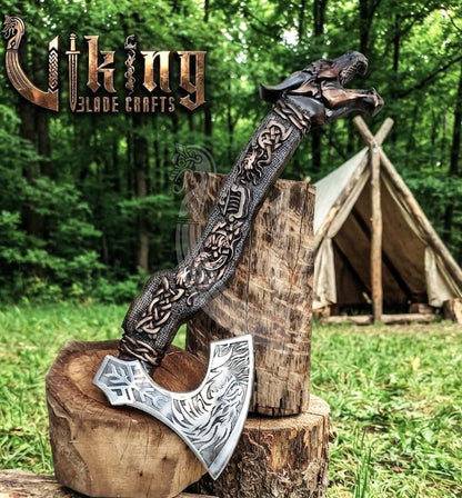 Norse Dragon Rosewood Axe 23" | Hand-Forged & Carved Viking Axe
