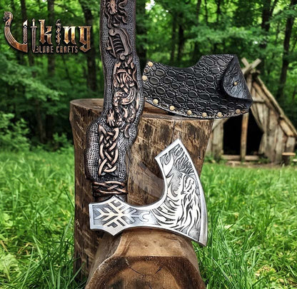 Norse Dragon Rosewood Axe 23" | Hand-Forged & Carved Viking Axe