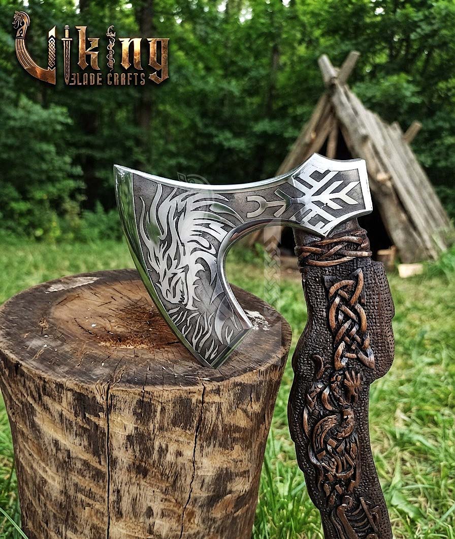 Norse Dragon Rosewood Axe 23" | Hand-Forged & Carved Viking Axe