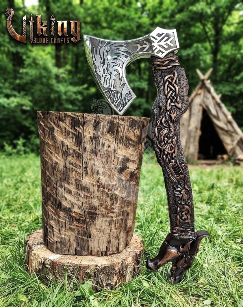 Norse Dragon Rosewood Axe 23" | Hand-Forged & Carved Viking Axe