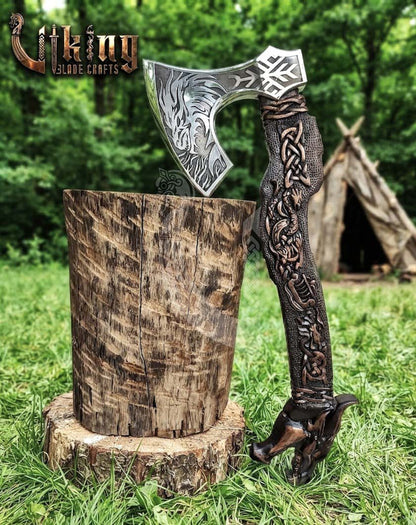 Norse Dragon Rosewood Axe 23" | Hand-Forged & Carved Viking Axe