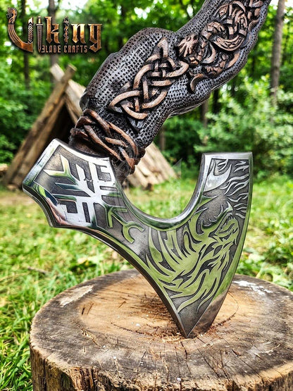 Norse Dragon Rosewood Axe 23" | Hand-Forged & Carved Viking Axe