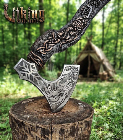 Norse Dragon Rosewood Axe 23" | Hand-Forged & Carved Viking Axe