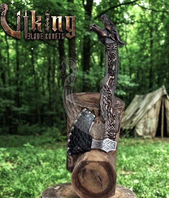 Norse Dragon Rosewood Axe 23" | Hand-Forged & Carved Viking Axe