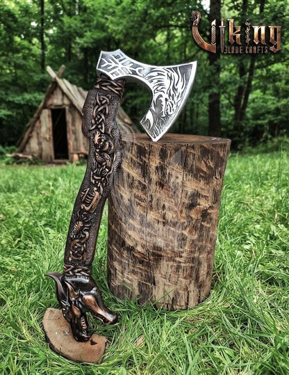 Norse Dragon Rosewood Axe 23" | Hand-Forged & Carved Viking Axe