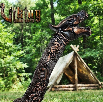 Norse Dragon Rosewood Axe 23" | Hand-Forged & Carved Viking Axe