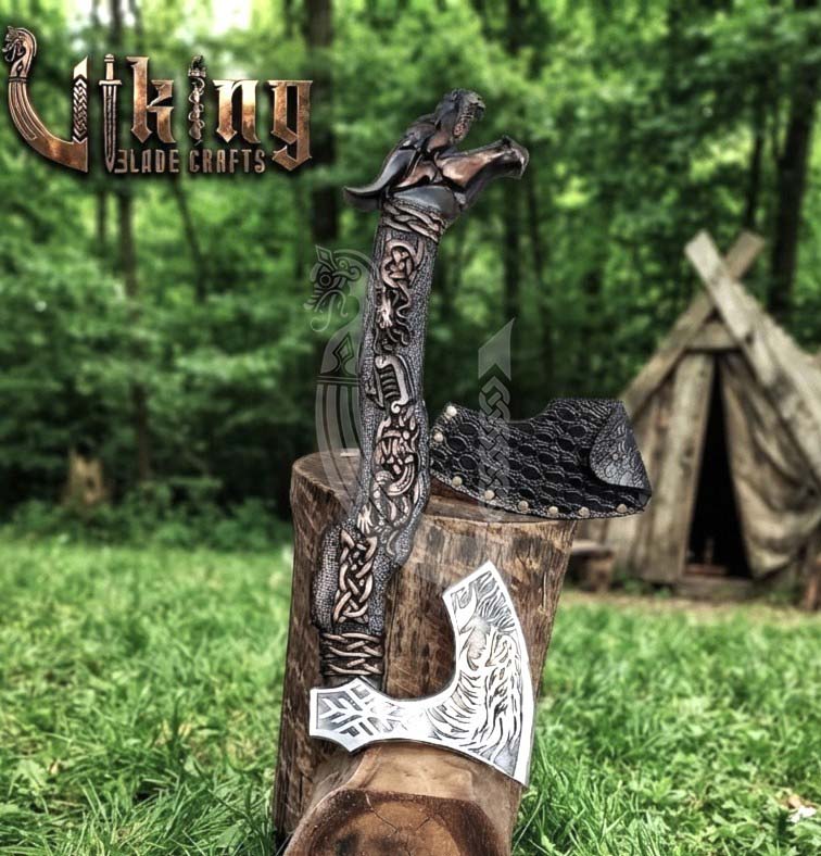 Norse Dragon Rosewood Axe 23" | Hand-Forged & Carved Viking Axe