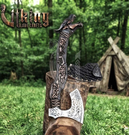 Norse Dragon Rosewood Axe 23" | Hand-Forged & Carved Viking Axe