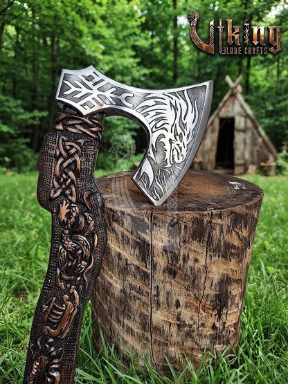 Norse Dragon Rosewood Axe 23" | Hand-Forged & Carved Viking Axe