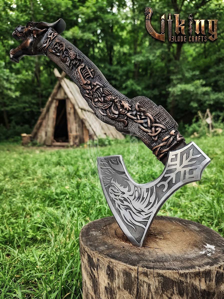 Norse Dragon Rosewood Axe 23" | Hand-Forged & Carved Viking Axe