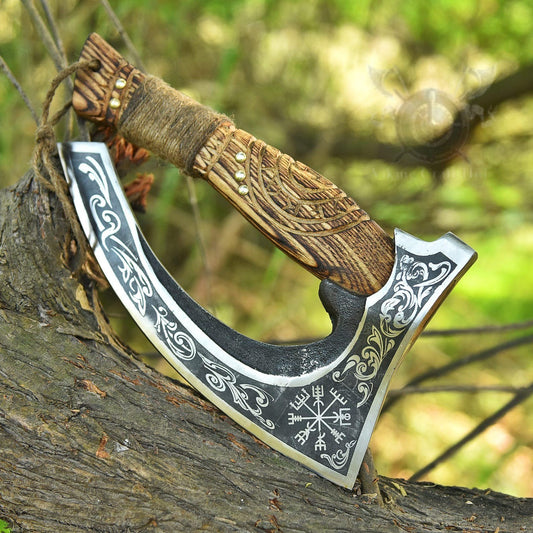 Vegvisir Design Blade Viking Pizza Slice Axe with Leather Sheath