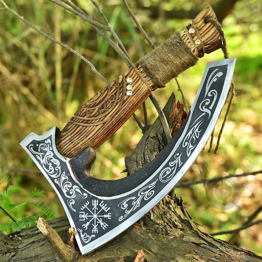 Vegvisir Design Blade Viking Pizza Slice Axe with Leather Sheath